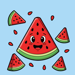 Cheerful Cartoon Watermelon Slice Character with Seeds and Smaller Pieces, Happy Fruit Vector Illustration on a Light Blue Background