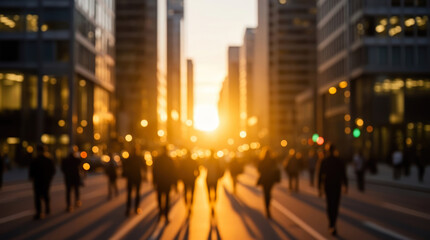 Fototapeta premium A blurred urban city street at golden sunset captures the dynamic energy of evening rush hour, with silhouetted people and bright bokeh lights.