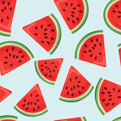 Vibrant Seamless Watermelon Slice Pattern on Light Blue Background for Summer Designs