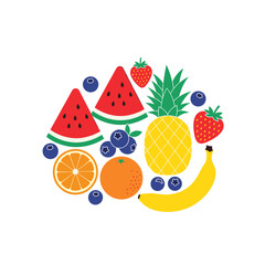 Colorful Fresh Fruit Medley Illustration. Vibrant Tropical and Berry Fruits Arranged on White Background. Healthy Eating and Summer Refreshment.