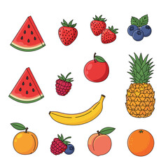 Vibrant Cartoon Fruit Collection: Fresh Watermelon, Strawberries, Pineapple, Banana, Apple, Peach, Orange, Blueberries, and Raspberries Vector Set