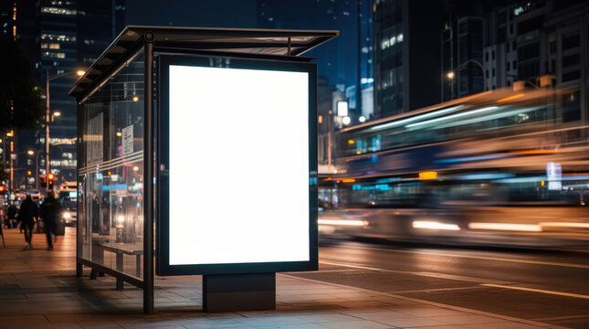 Illuminated blank advertising billboard at a bustling city bus stop at night, capturing the dynamic urban environment with blurred passing buses and vibrant streetlights.