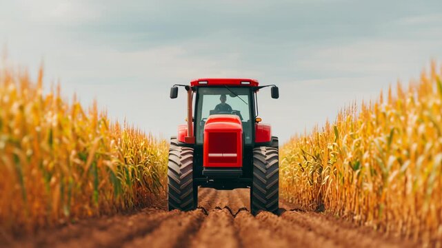 Agriculture robot assist, tractor navigating cornfield rows.