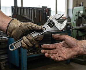 Hand passes adjustable wrench to another hand in workshop