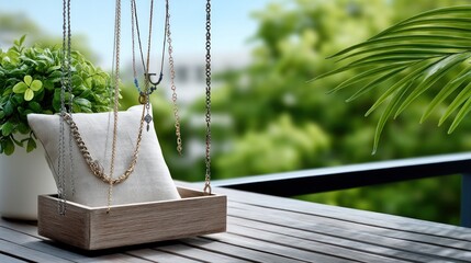 Wooden tray holds necklaces, bracelets, and a light-colored pillow outdoors