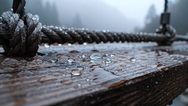 Close-up of wet rope and wooden surface after rainfall with mountain view in background