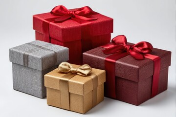 Obraz premium Four gift boxes red silver gold and burgundy with ribbons bows on a plain background