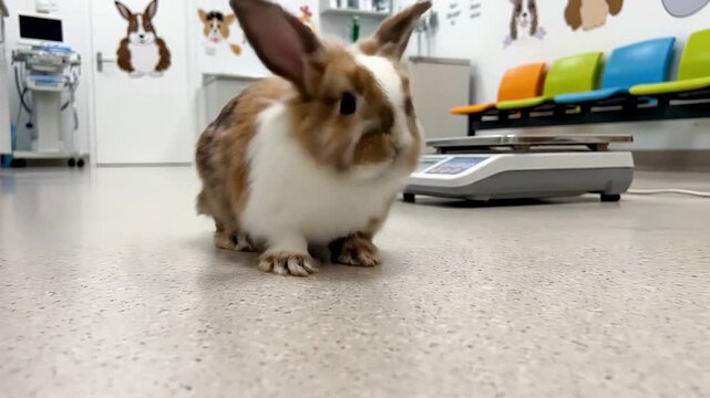 Curious bunny rabbit exploring a veterinary clinic exam room with medical equipment visible