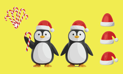 Two cartoon penguins with Santa hats, candy canes, festive yellow background, Christmas illustration, holiday celebration, cheerful seasonal design, winter theme