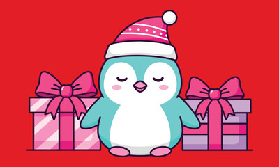 Cartoon penguin with Santa hat, standing between gift boxes, festive red background, cheerful Christmas illustration, holiday celebration, seasonal character design
