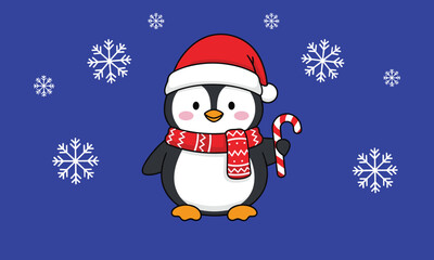 Cartoon penguin with Santa hat, red scarf, holding candy cane, snowflake background, festive winter illustration, cheerful Christmas character design