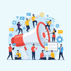 People Interacting with Large Megaphone Illustration.