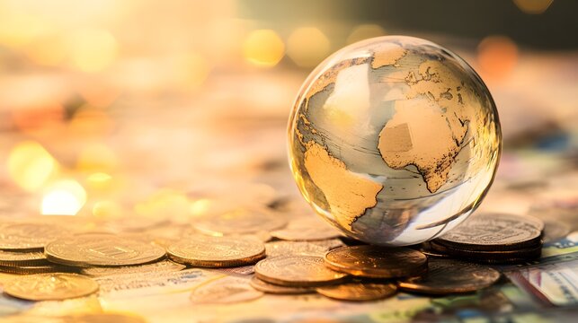 Glass globe rests on pile of gold coins and banknotes