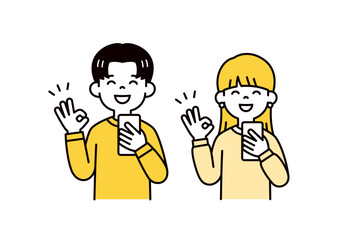 スマートフォンを持って笑顔でOKサインをする、若い男女の学生のベクターイラスト素材