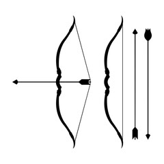 Black silhouette of a traditional bow and arrows set, minimal vector illustration isolated on white background