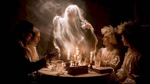 Victorian occult seance mystical gathering magic scene with ectoplasm ghost spirit and round table with candles medium and spiritualism spectators people vintage fashion