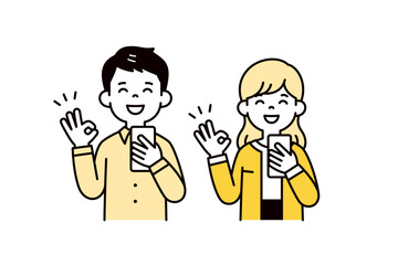 スマートフォンを持って笑顔でOKサインをする、若い男女・社員・夫婦のベクターイラスト素材