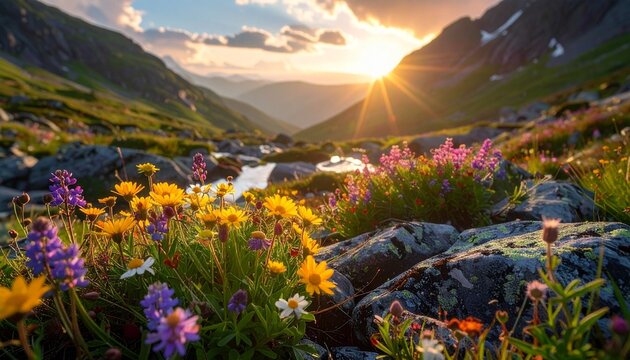 Mountain valley landscape with wildflowers and sunrise creating a scenic view