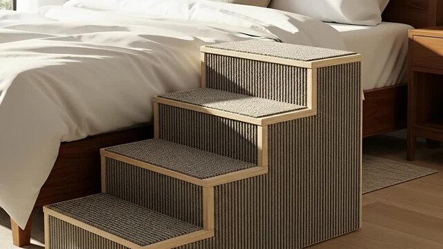 Staircase for Pets Beside a Bed In a Neutral Toned Room with Wooden Furniture and Soft Lighting