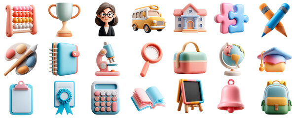 Collection of 3d Education Icons and School Supplies on Transparent Background
