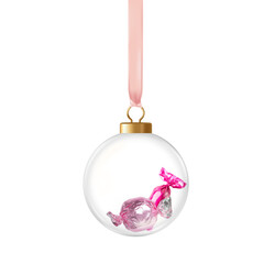 Pink silver shiny foil wrapped chocolates candies inside clear transparent bauble, festive tree ornament decoration, dessert in fillable pink ribbon hanging glass bauble