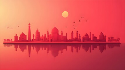 Red toned cityscape silhouette with sun and birds sunset
