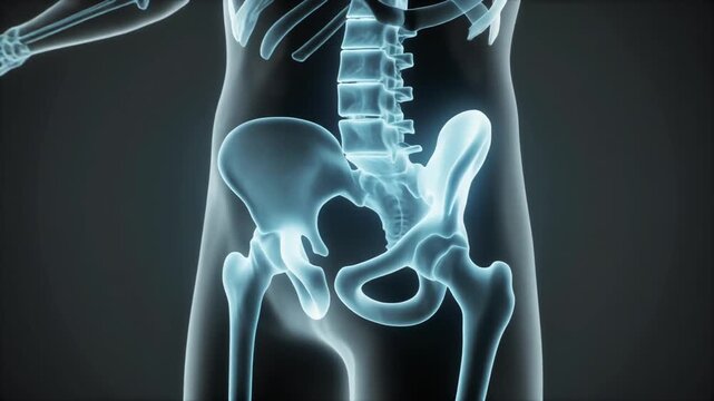 3D X-ray Scan of Human Pelvis and Spine, Digital Medical Illustration of Skeletal Structure Rotation