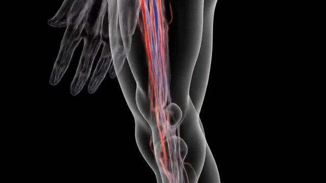 3D rendering of the human leg circulatory system with glowing red veins. 4k video
