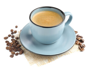 Aromatic coffee in cup and beans on white background