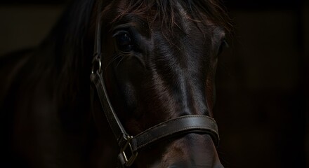 A dark brown horses face with a leather bridle is prominently featured against a deep shadowed background