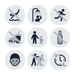 Minimalist Symbol Set Prohibited Activity Signage Illustration for Hotel or Public Space