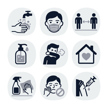 Minimalist Line Icon Set of Coronavirus Covid19 Prevention and Safety Measures