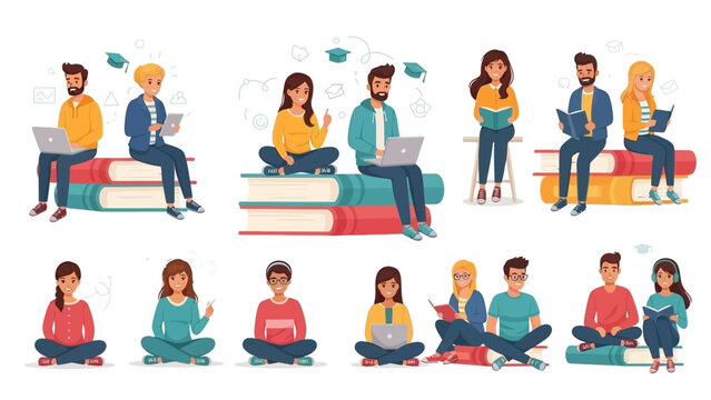 Vector multinational student collection with diverse young people sitting on books learning online. Freelance set with smiling men and women isolated on white. Diverse student education illustrations