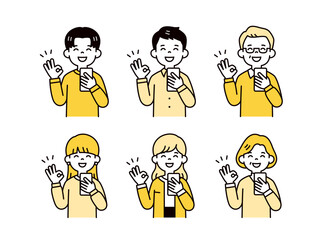 スマートフォンを持って笑顔でOKサインをする、三世代ファミリーのベクターイラスト素材セット