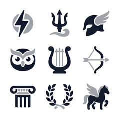 Stylized Minimalist Ancient Greek Mythology Symbol Set Icon Collection