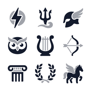 Stylized Minimalist Ancient Greek Mythology Symbol Set Icon Collection