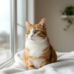 Cute domestic cat sitting by the window in natural light