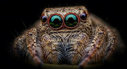 A macro closeup of a jumping spiders face focusing on its large iridescent eyes and hairy body