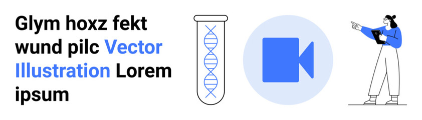 Scientist with clipboard points to video icon and test tube, showing DNA strand inside. Ideal for education, science communication, genetics, multimedia content, e-learning, medical technology