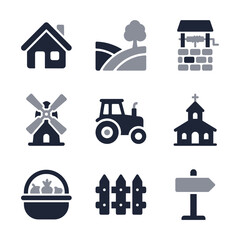 Flat Design Rural Landscape Icon Set With Agricultural and Village Elements