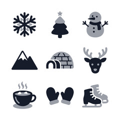 Minimalist Winter Holiday Icon Set Collection with Snowflakes and Seasonal Symbols