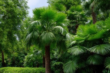 Lush scene with palm trees  greenery featuring fanshaped fronds  textured trunks in an outdoor setting