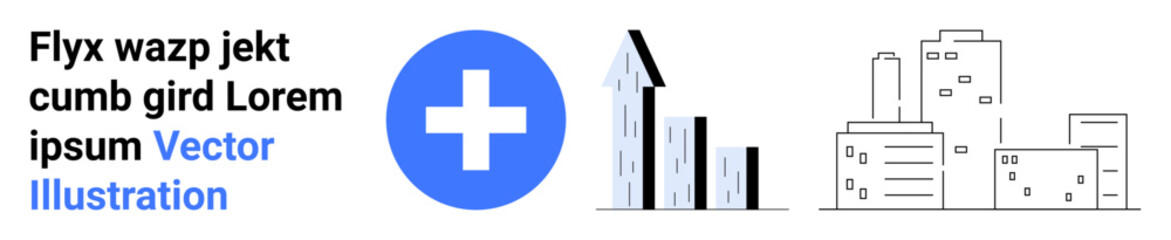 Fototapeta premium Healthcare, business growth, urban planning, medical services, data analysis, economy. Blue medical cross, bar chart with upward arrow and urban buildings. Healthcare and business growth concepts