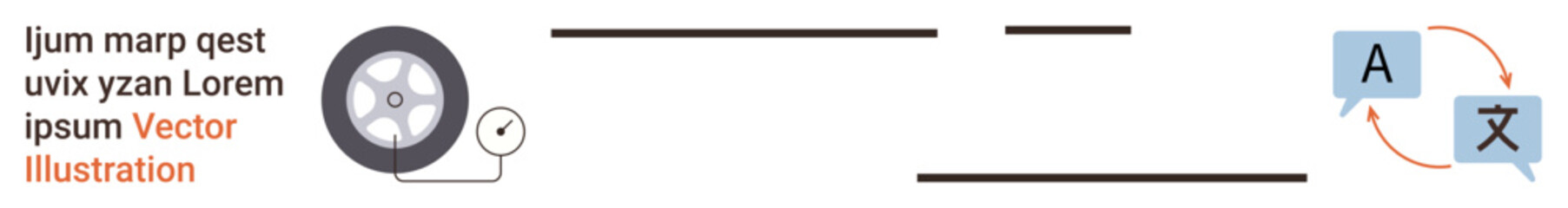 Automotive maintenance, air pressure, efficiency, global communication, translation, multilingual support. Tire with gauge and language translation icon. Automotive maintenance and global © robu_s