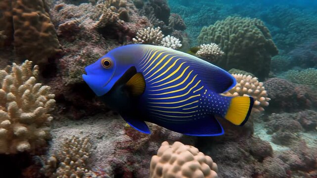 Emperor angelfish swimming in a tropical coral reef. The panoramic view shows the beautiful marine fish in motion. Underwater wildlife and oceanic biodiversity in a natural sea environment
