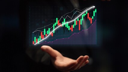 A hand appears to hold a floating digital chart displaying colorful graphs and indicators. This image represents financial analysis, growth trends, and market insights. Copula