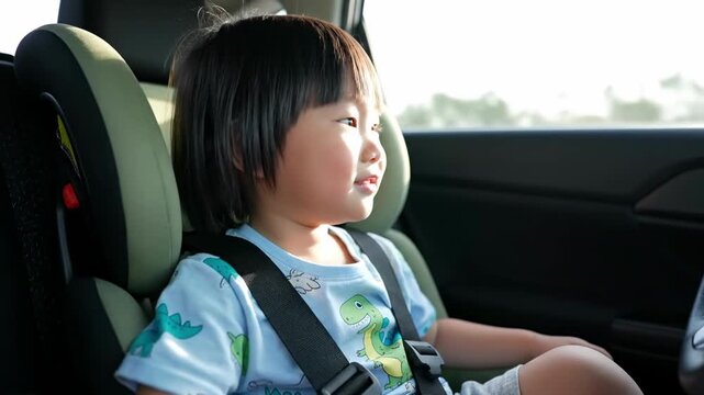 Cute happy Asian toddler boy sitting in a safety car seat looking out the window during a family road trip