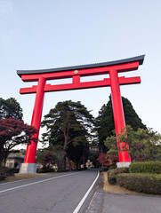 巨大な赤い鳥居が迎える霧島神宮へ続く道