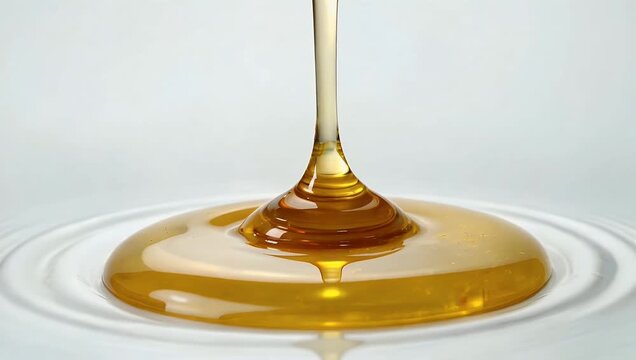 Yellow liquid honey dripping slowly on a white background in crisp 4K close up emphasizing natural viscosity organic texture and sweet dessert and culinary applications for food content