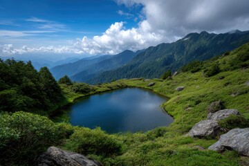 Mountain lake surrounded by green hills with rocks  forests under cloudy blue sky